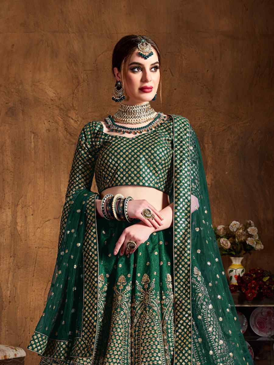 Green Raw Silk Embroidered Wedding Reception Festival Heavy Border Lehenga Choli