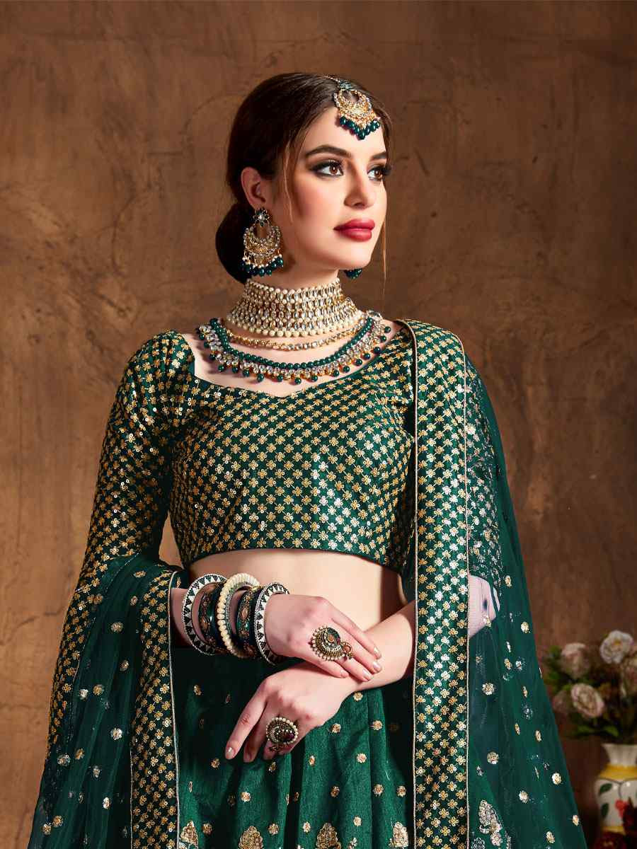 Green Raw Silk Embroidered Wedding Reception Festival Heavy Border Lehenga Choli