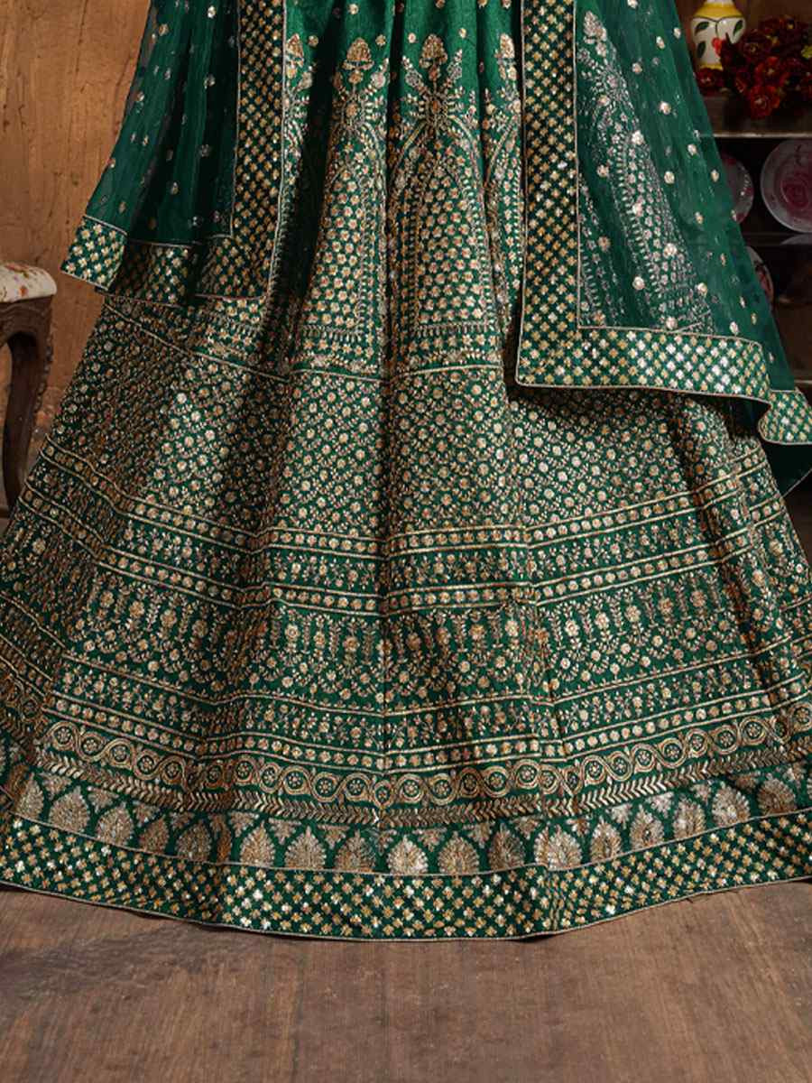Green Raw Silk Embroidered Wedding Reception Festival Heavy Border Lehenga Choli