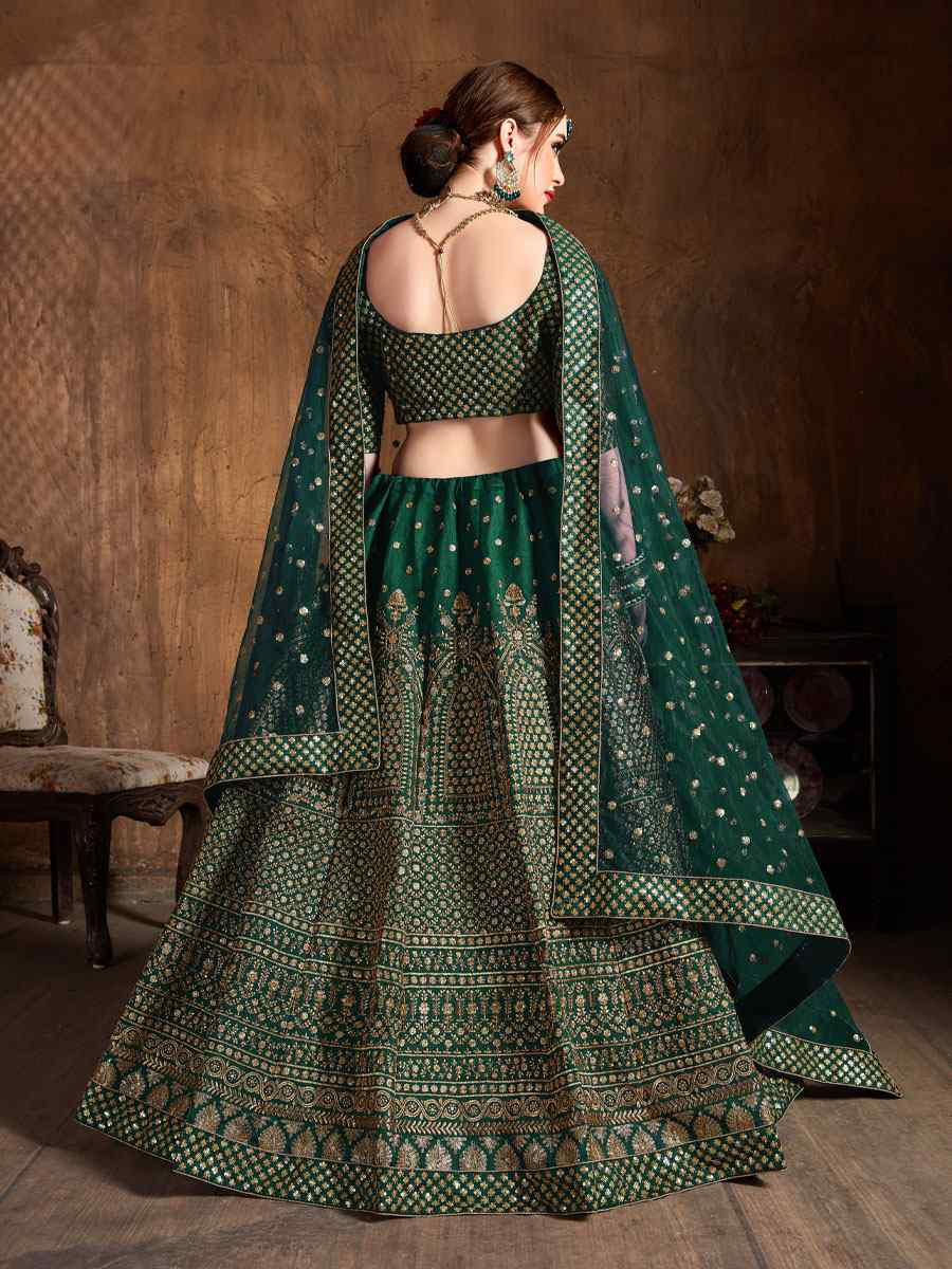 Green Raw Silk Embroidered Wedding Reception Festival Heavy Border Lehenga Choli