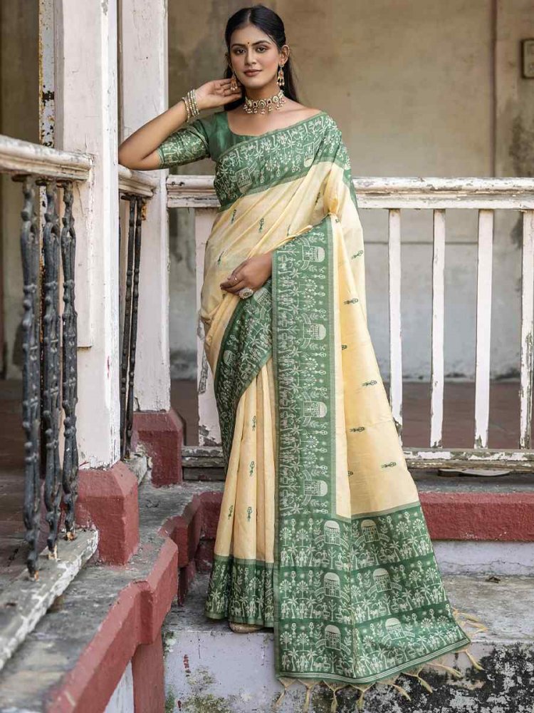 Green Raw Silk Handwoven Casual Festival Classic Style Saree