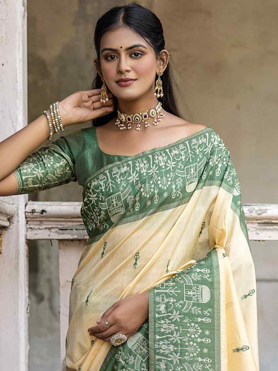 Green Raw Silk Handwoven Casual Festival Classic Style Saree