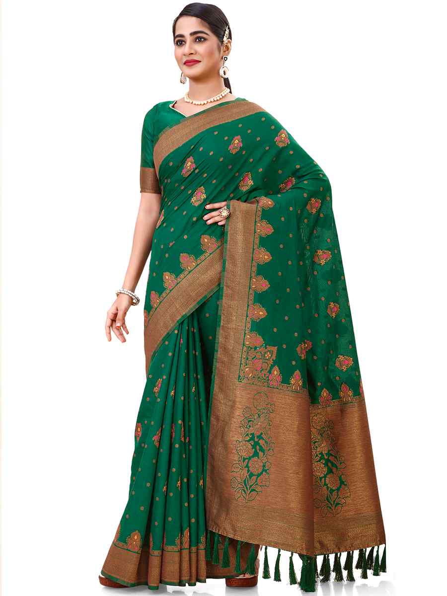 Green Raw Silk Handwoven Wedding Festival Heavy Border Saree