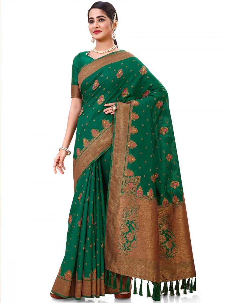 Green Raw Silk Handwoven Wedding Festival Heavy Border Saree
