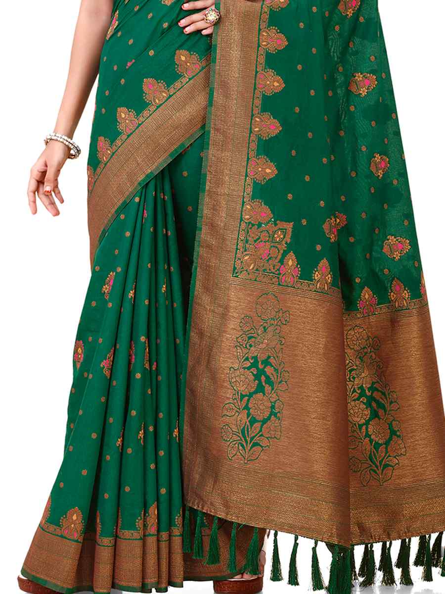 Green Raw Silk Handwoven Wedding Festival Heavy Border Saree