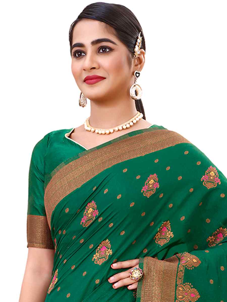 Green Raw Silk Handwoven Wedding Festival Heavy Border Saree