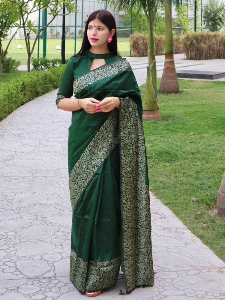 Image of Green Raw Silk Printed Festival Wedding Fancy Heavy Border Saree