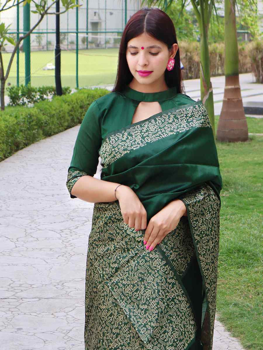 Green Raw Silk Printed Festival Wedding Fancy Heavy Border Saree