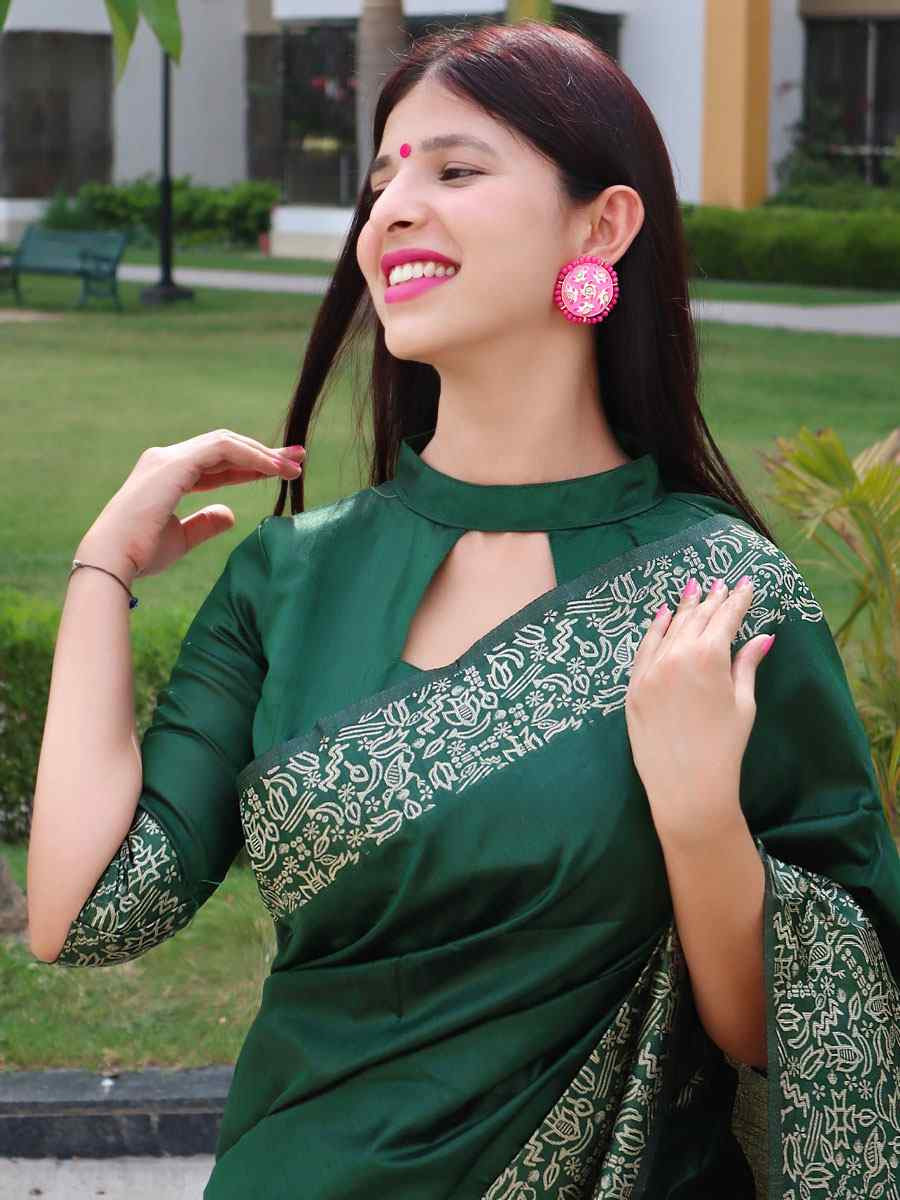 Green Raw Silk Printed Festival Wedding Fancy Heavy Border Saree