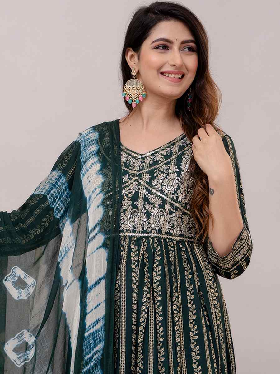 Green Rayon Cotton Embroidered Festival Casual Ready Anarkali Salwar Kameez