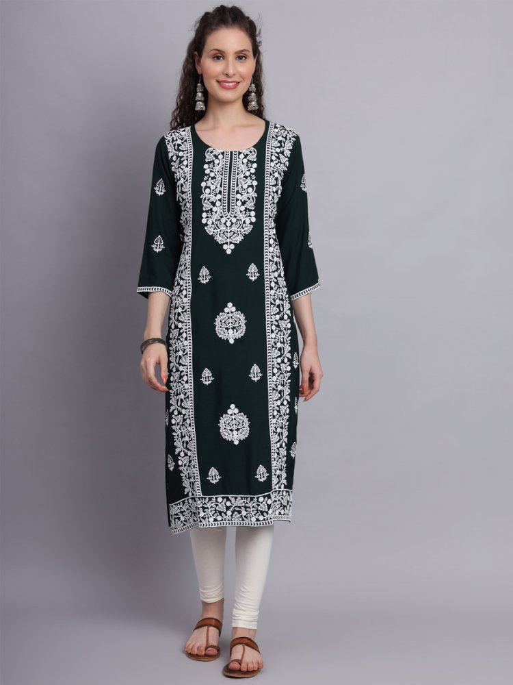 Green Rayon Embroidered Festival Casual Kurti