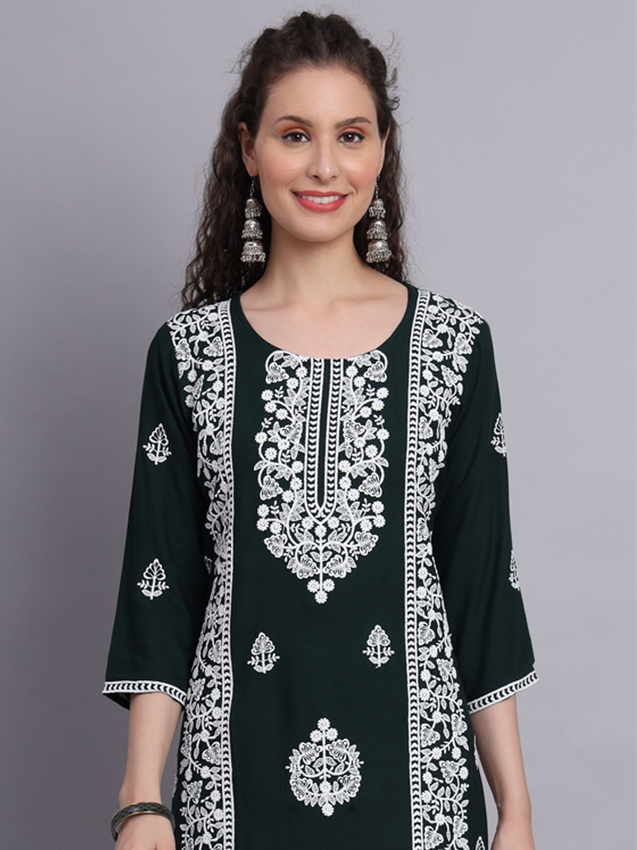 Green Rayon Embroidered Festival Casual Kurti