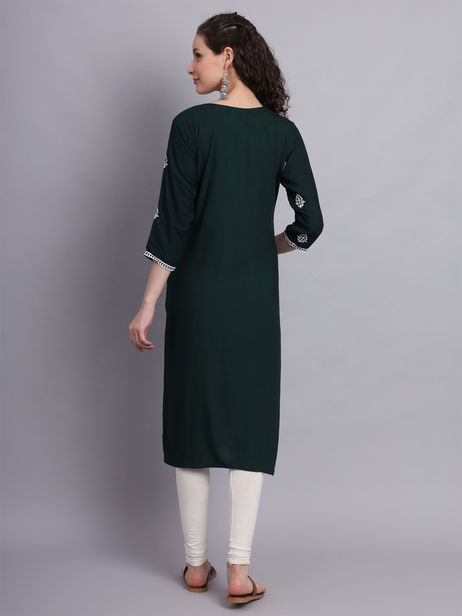 Green Rayon Embroidered Festival Casual Kurti