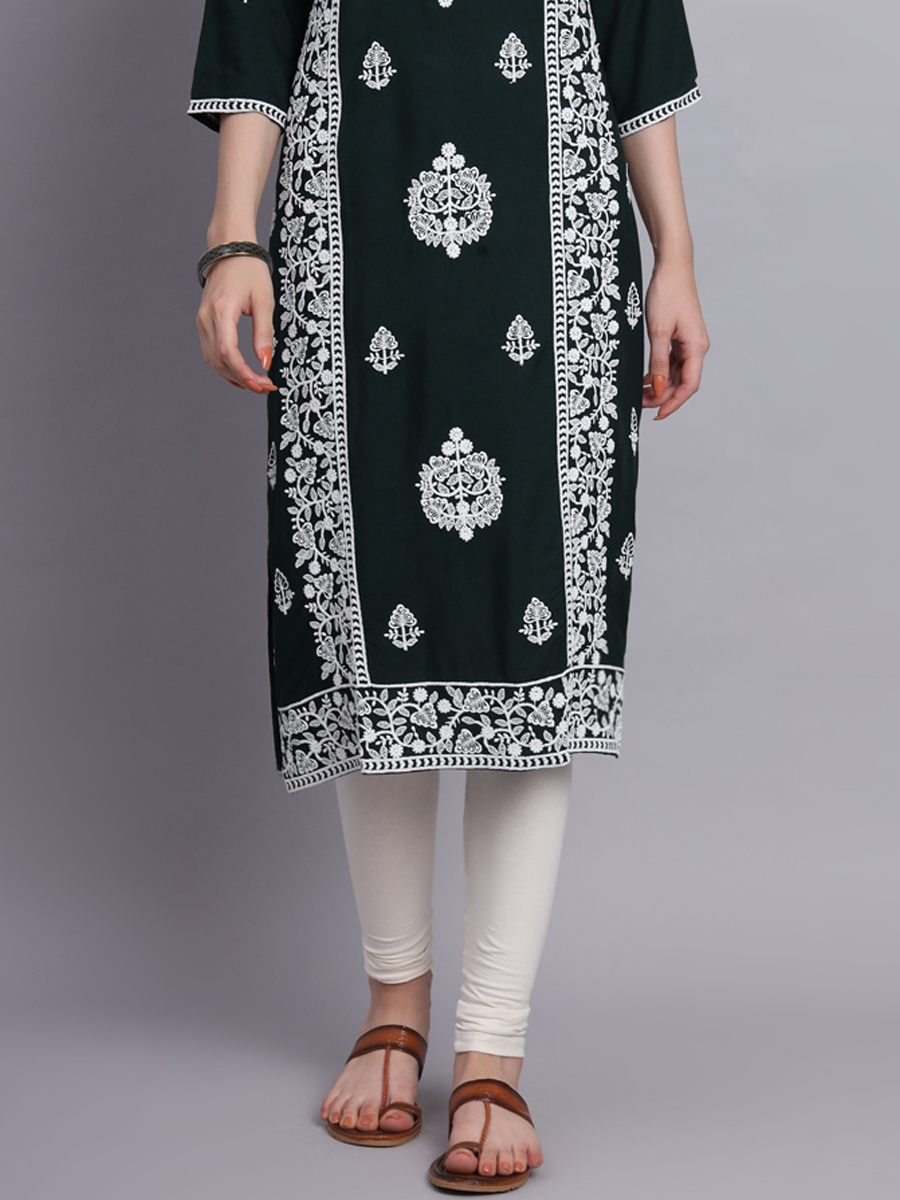 Green Rayon Embroidered Festival Casual Kurti