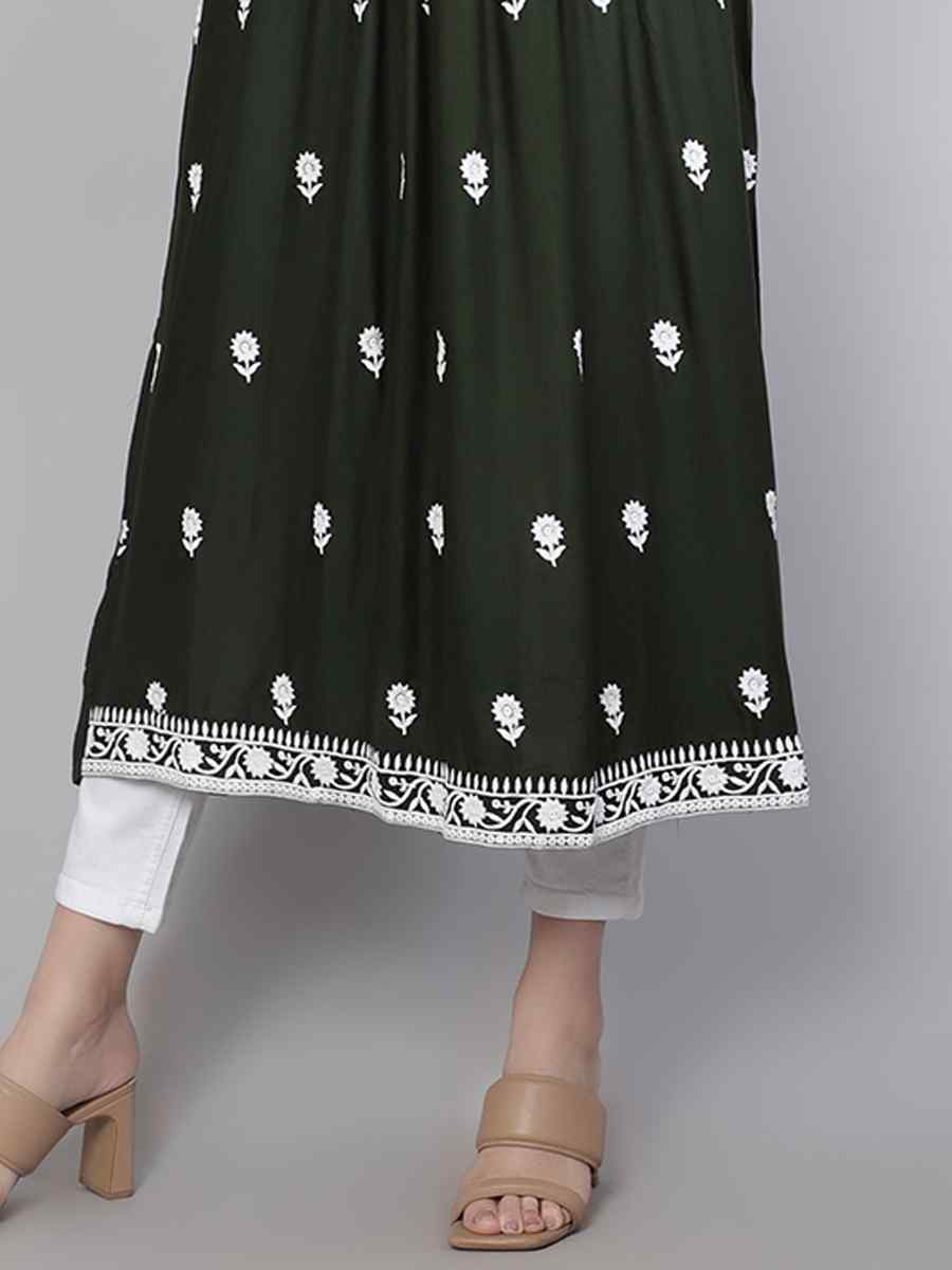 Green Rayon Embroidered Festival Casual Kurti