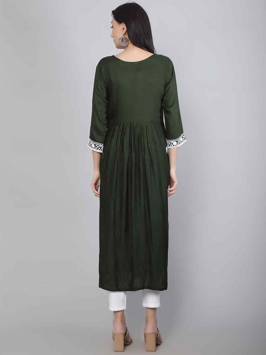 Green Rayon Embroidered Festival Casual Kurti