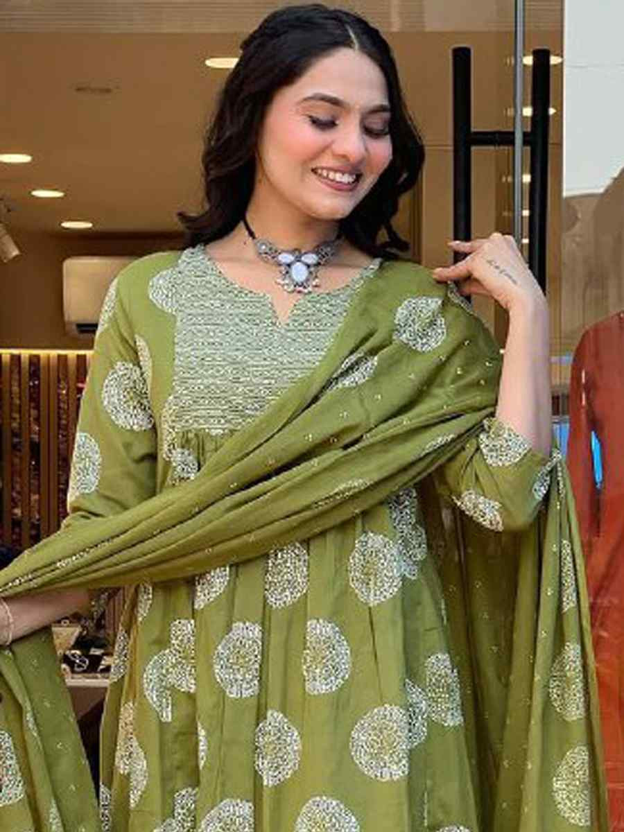 Green Rayon Embroidered Festival Mehendi Ready Pant Salwar Kameez