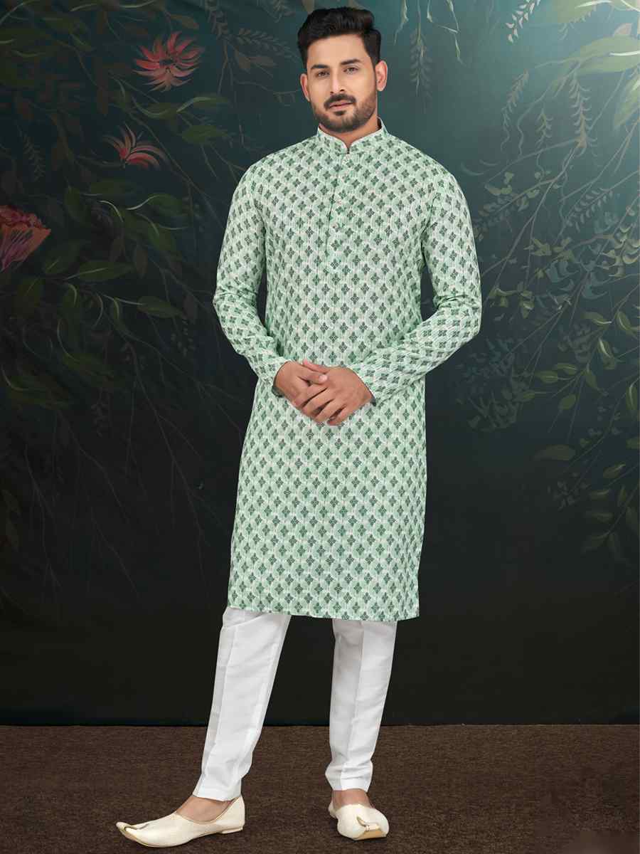 Green Rayon Embroidered Festival Wedding Kurta