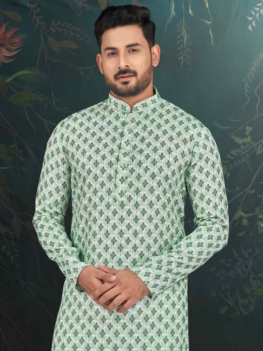 Green Rayon Embroidered Festival Wedding Kurta