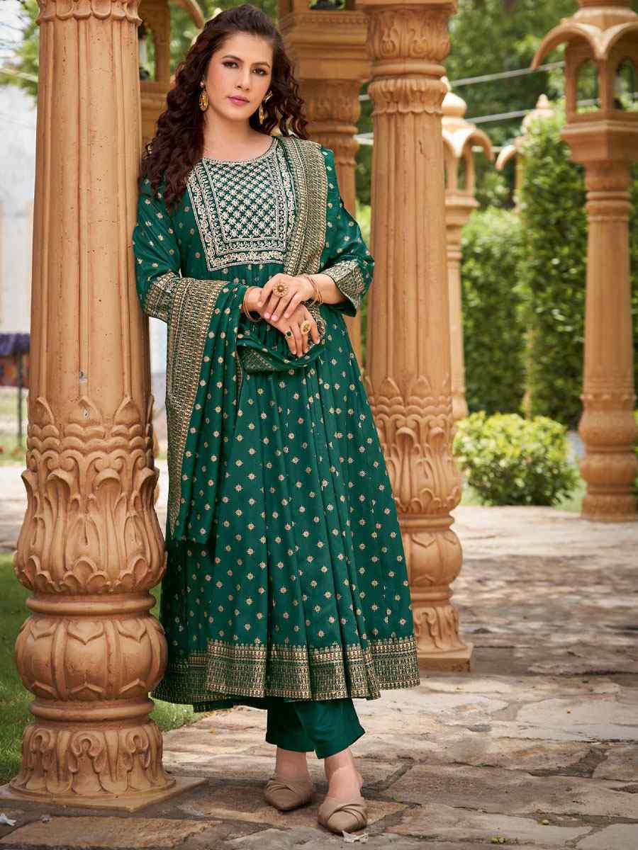 Green Rayon Embroidery Party Wedding Festival Casual Ready Anarkali Salwar Kameez