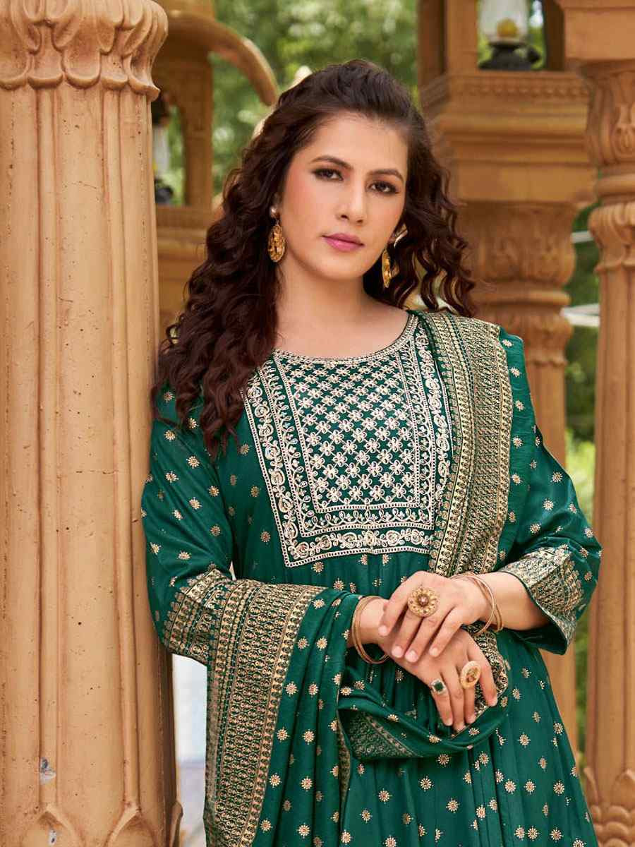 Green Rayon Embroidery Party Wedding Festival Casual Ready Anarkali Salwar Kameez