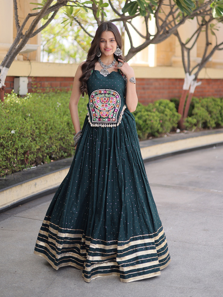 Image of Green Rayon Gamthi Mirror Work Wedding Reception Festival Party Wear Ready Circular Lehenga Choli