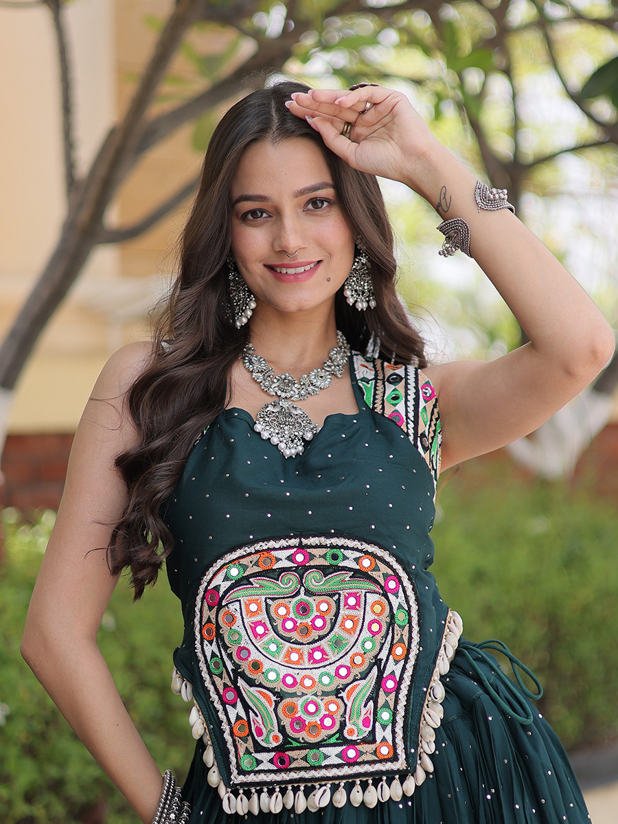 Green Rayon Gamthi Mirror Work Wedding Reception Festival Party Wear Ready Circular Lehenga Choli