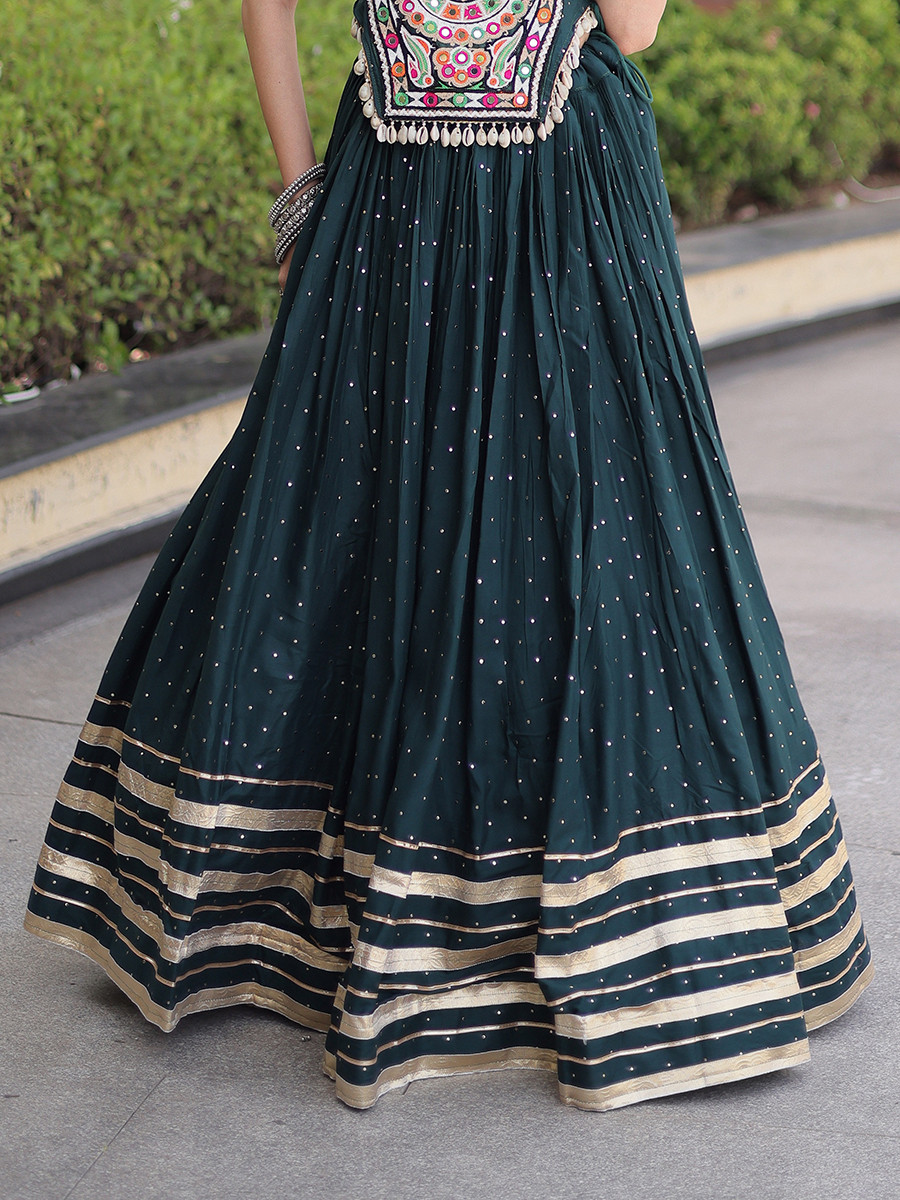 Green Rayon Gamthi Mirror Work Wedding Reception Festival Party Wear Ready Circular Lehenga Choli