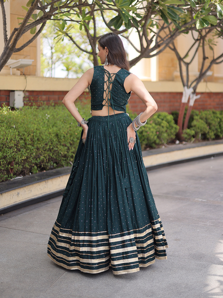 Green Rayon Gamthi Mirror Work Wedding Reception Festival Party Wear Ready Circular Lehenga Choli