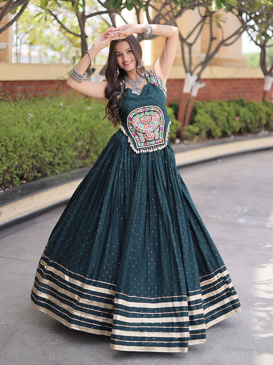 Green Rayon Gamthi Mirror Work Wedding Reception Festival Party Wear Ready Circular Lehenga Choli