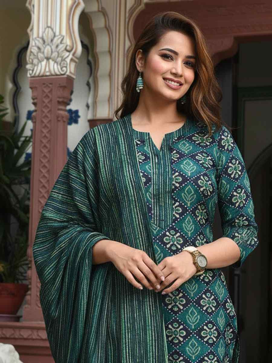 Green Rayon Printed Party Festival Casual Ready Pant Salwar Kameez