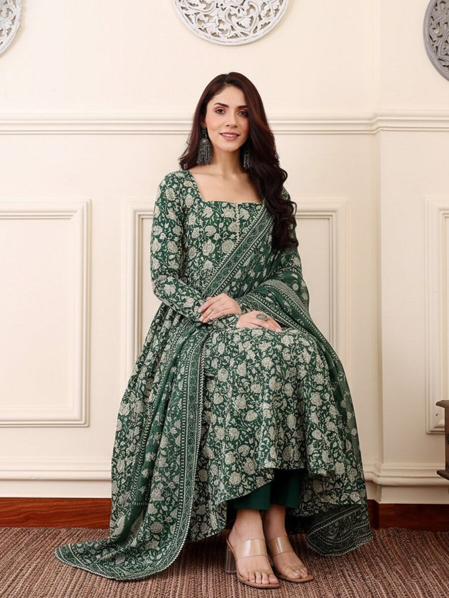 Green Rayon Printed Wedding Party Festival Casual Ready Palazzo Pant Salwar Kameez