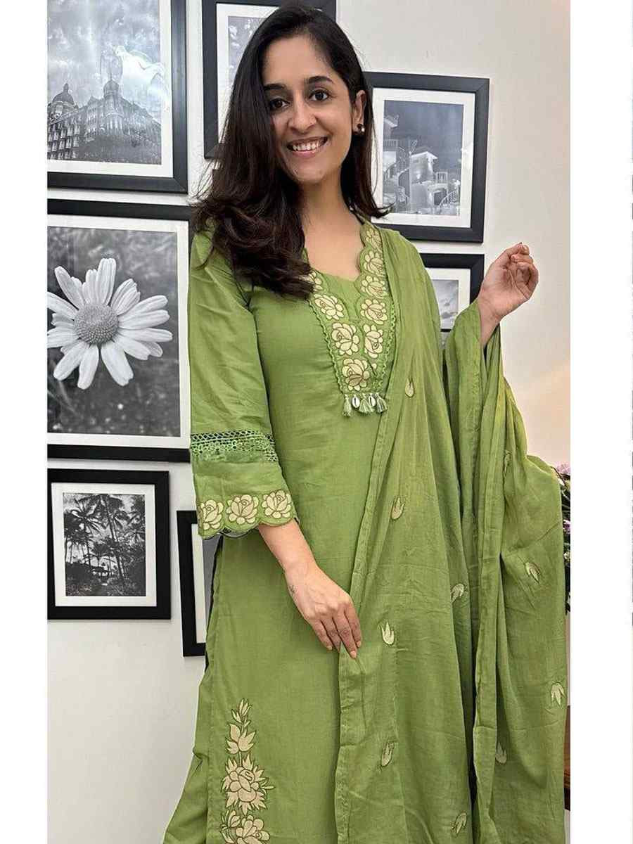 Green Rayon Slub Cotton Embroidery Party Wedding Festival Casual Ready Pant Salwar Kameez