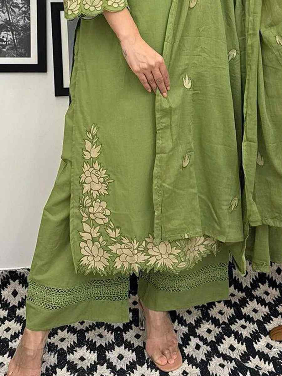 Green Rayon Slub Cotton Embroidery Party Wedding Festival Casual Ready Pant Salwar Kameez