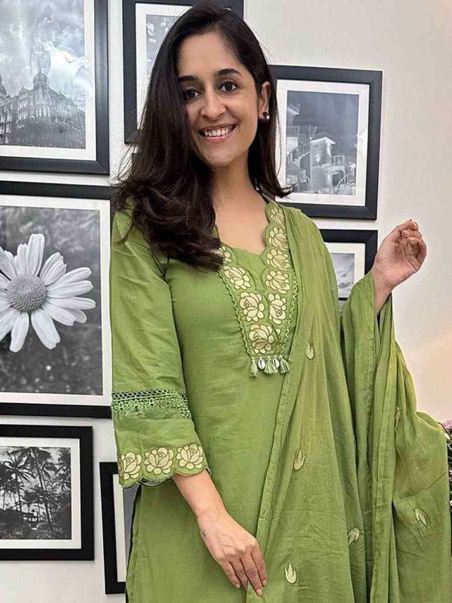 Green Rayon Slub Cotton Embroidery Party Wedding Festival Casual Ready Pant Salwar Kameez