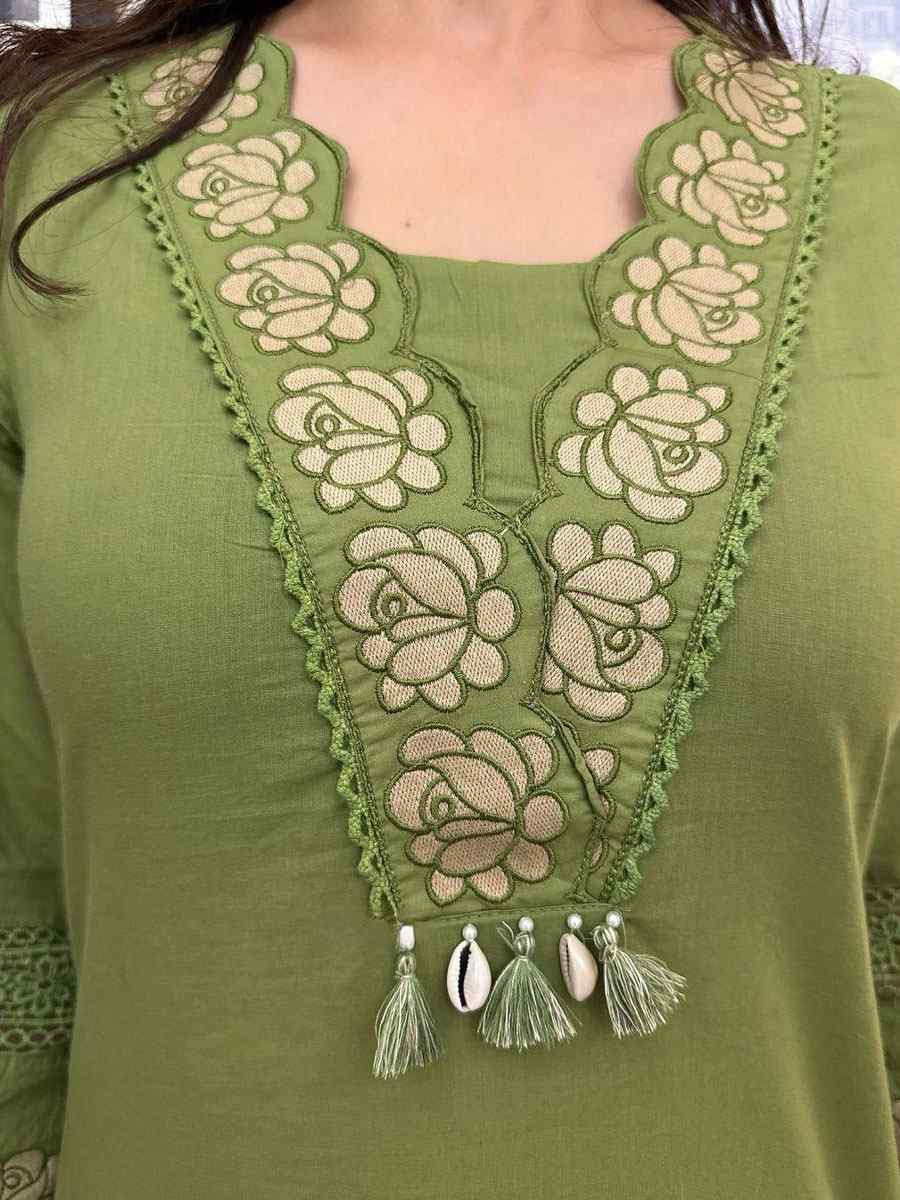 Green Rayon Slub Cotton Embroidery Party Wedding Festival Casual Ready Pant Salwar Kameez