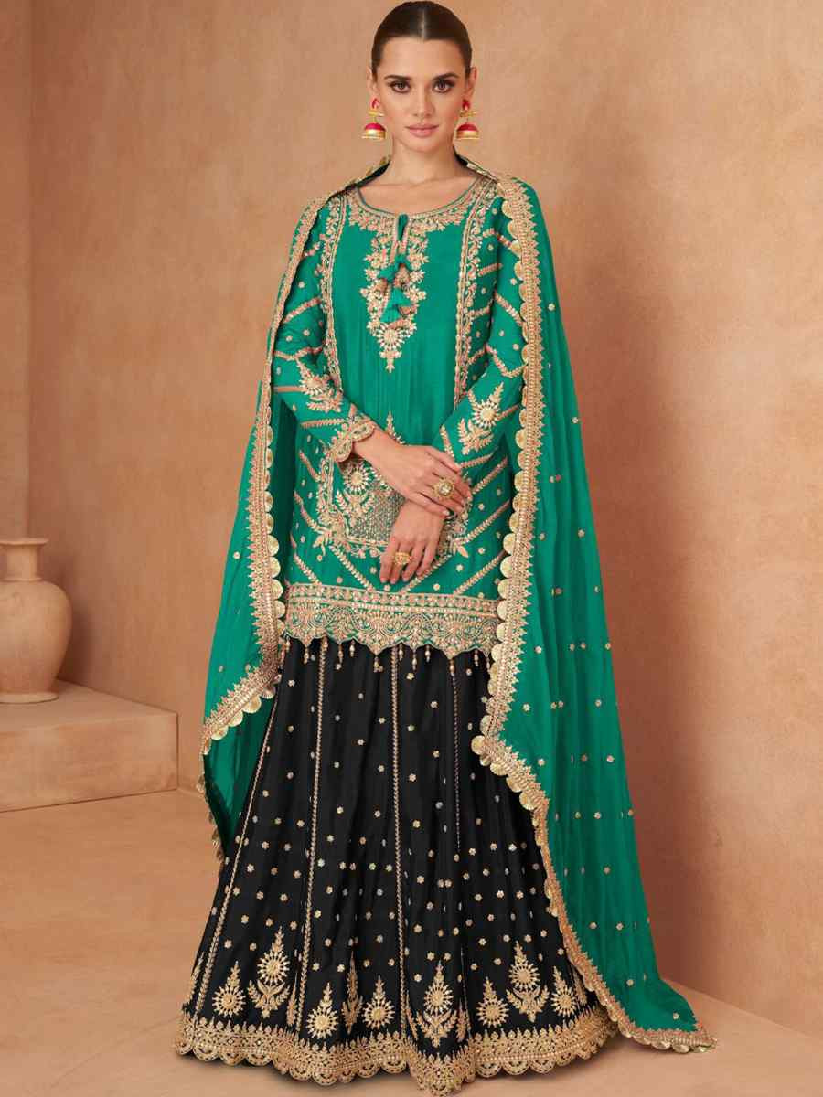 Green Real Chinon Embroidered Festival Wedding Ready Skirt Salwar Kameez