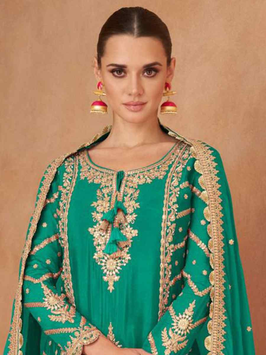Green Real Chinon Embroidered Festival Wedding Ready Skirt Salwar Kameez