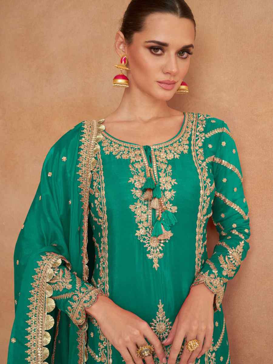 Green Real Chinon Embroidered Festival Wedding Ready Skirt Salwar Kameez