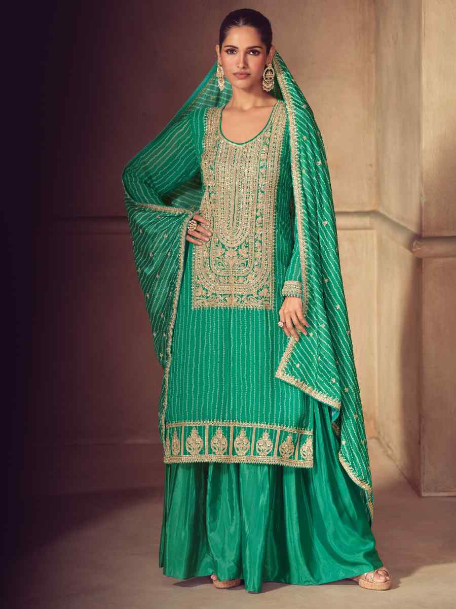 Green Real Chinon Embroidered Party Wedding Ready Sharara Pant Salwar Kameez