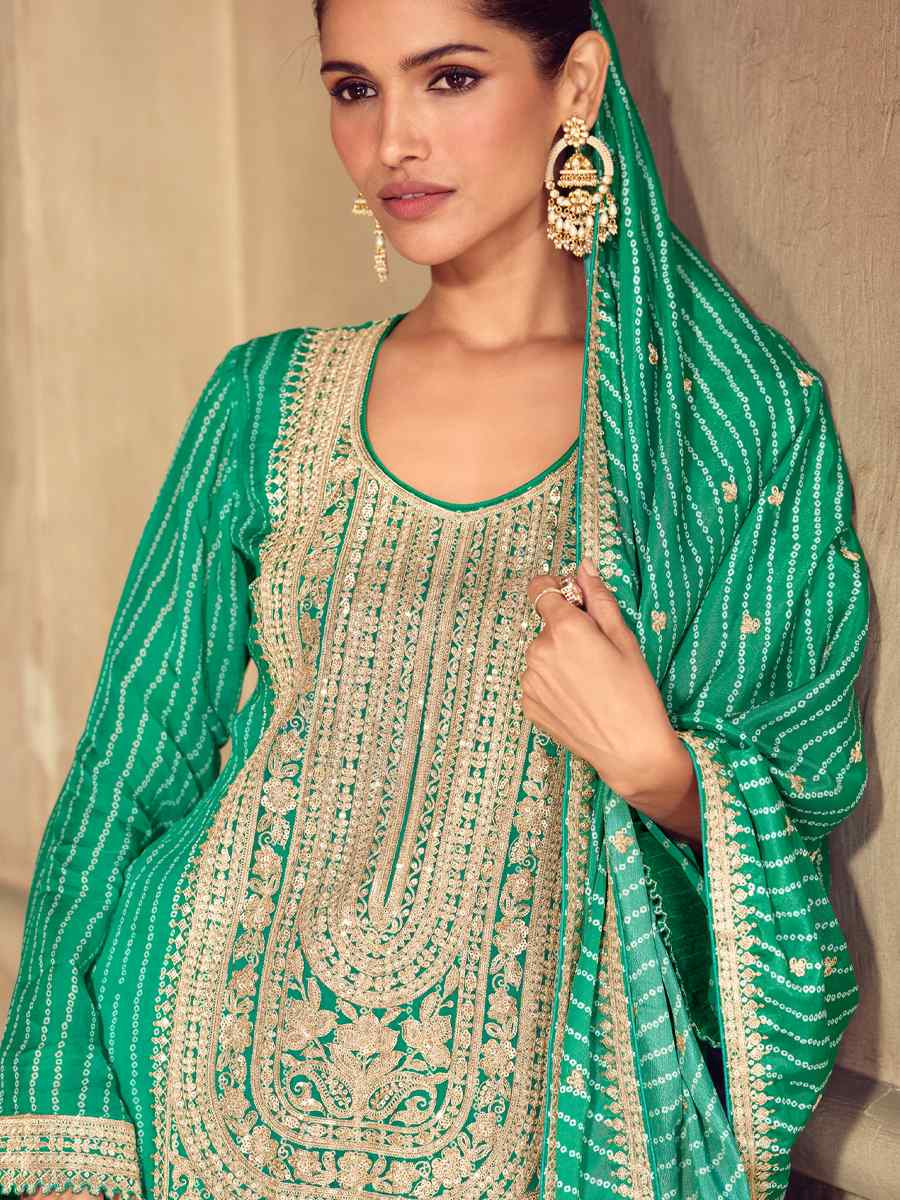 Green Real Chinon Embroidered Party Wedding Ready Sharara Pant Salwar Kameez