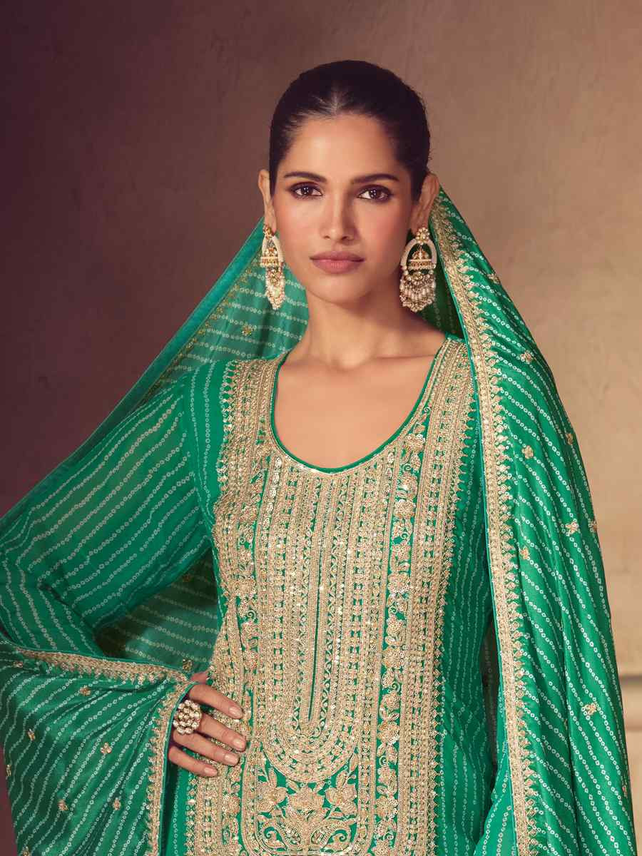 Green Real Chinon Embroidered Party Wedding Ready Sharara Pant Salwar Kameez