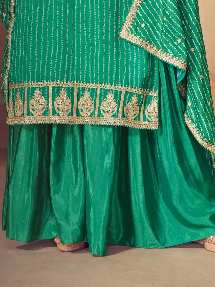 Green Real Chinon Embroidered Party Wedding Ready Sharara Pant Salwar Kameez