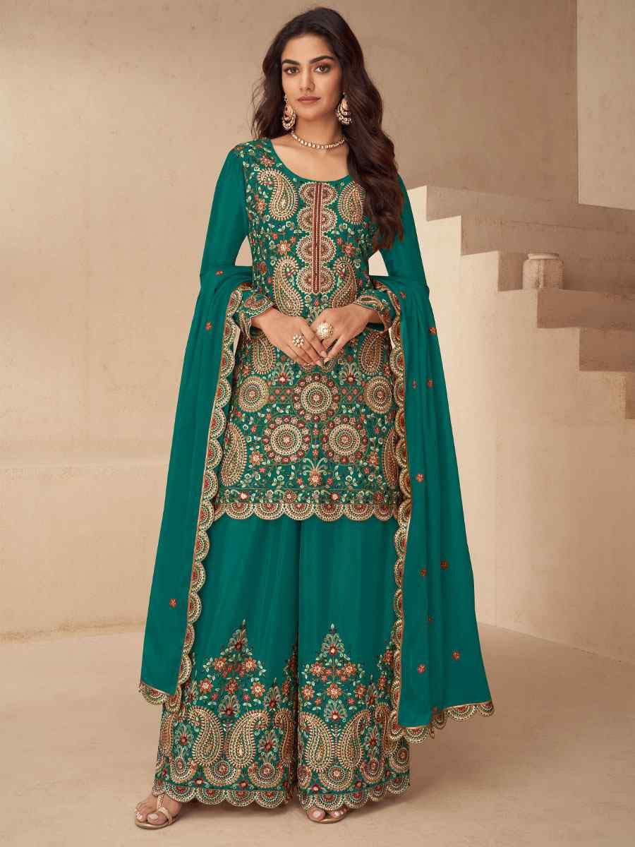 Green Real Chinon Embroidery Party Wedding Festival Casual Ready Palazzo Pant Salwar Kameez