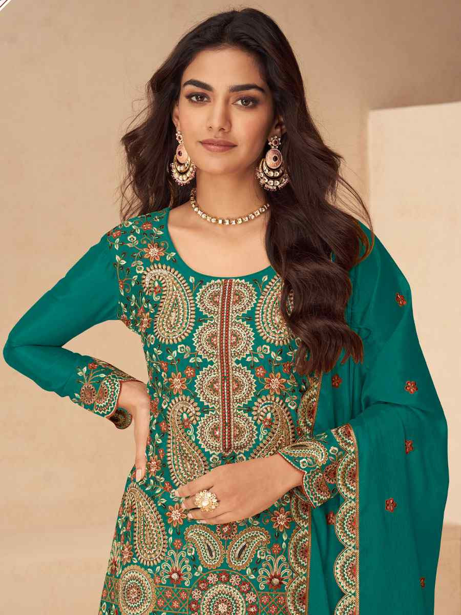 Green Real Chinon Embroidery Party Wedding Festival Casual Ready Palazzo Pant Salwar Kameez