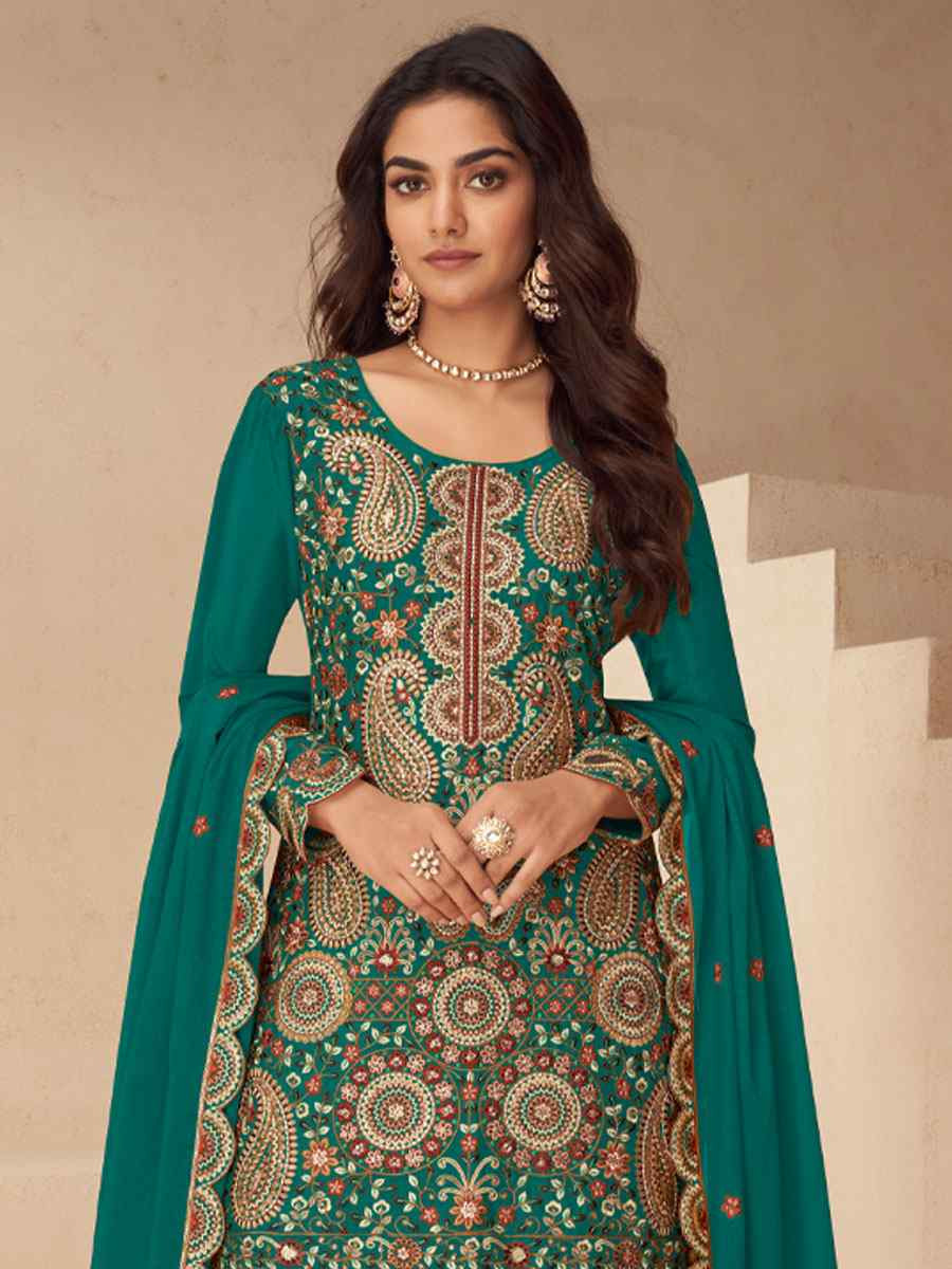 Green Real Chinon Embroidery Party Wedding Festival Casual Ready Palazzo Pant Salwar Kameez