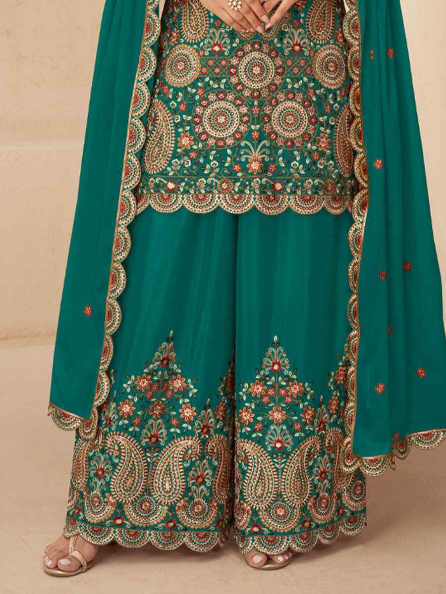 Green Real Chinon Embroidery Party Wedding Festival Casual Ready Palazzo Pant Salwar Kameez