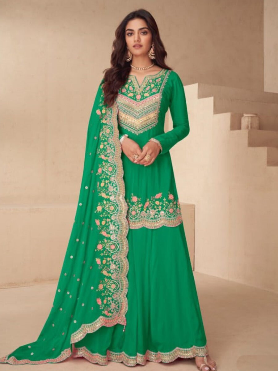 Green Real Chinon Embroidery Wedding Party Festival Casual Ready Palazzo Pant Salwar Kameez