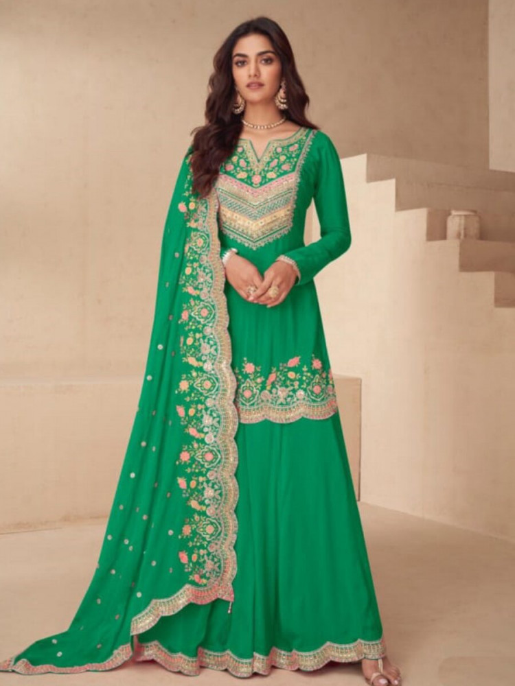 Image of Green Real Chinon Embroidery Wedding Party Festival Casual Ready Palazzo Pant Salwar Kameez