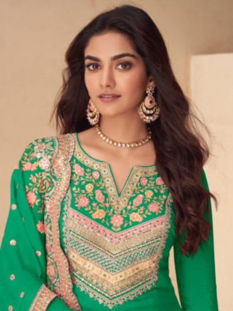 Green Real Chinon Embroidery Wedding Party Festival Casual Ready Palazzo Pant Salwar Kameez